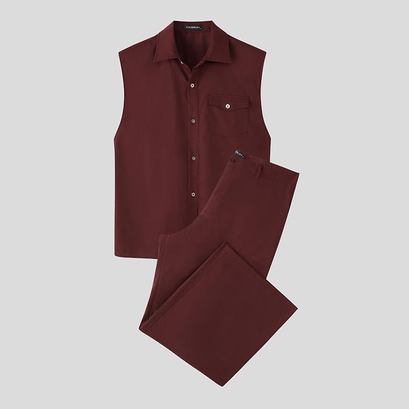 

INCERUN Men Sleeveless Buttons Shirts and Long Loose Pants Outfits Sets 5XL вино красного