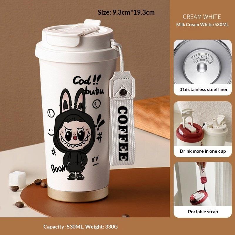 Cartoon Pattern Coffee Cup 316 Stainless Steel Thermos Cup Portable Double Drinking Straw Water Cup
