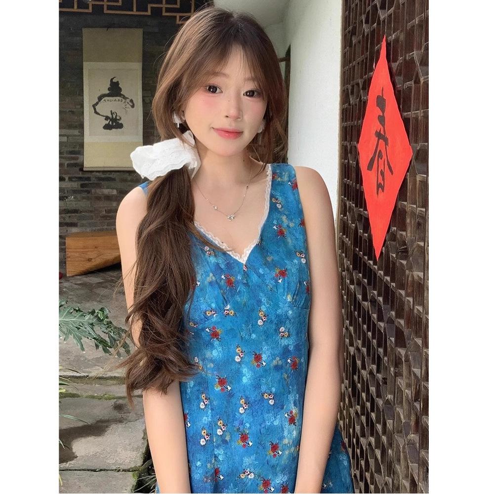 Small French blue sleeveless floral dress children's summer new popular seaside vacation skirt