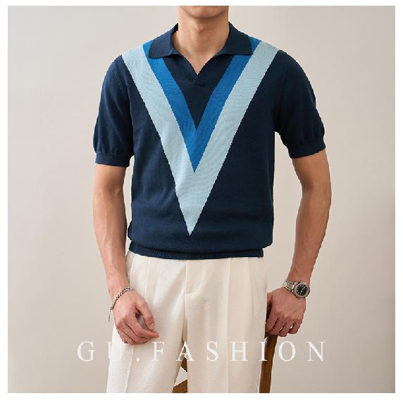 

2025 Summer Trend New Style Turn-Down Collar Color-Block Design Fashion Versatile POLO Knitted Short Sleeve T-Shirt 3XL білий