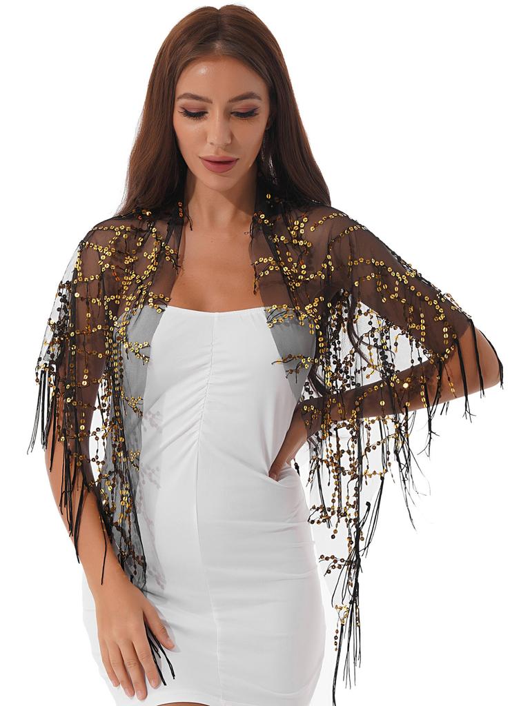 Damen-Schal mit glitzernden Pailletten, Wickelschal, Fransen, Überzug für Abend, Hochzeit, Brautkleider, Kleid