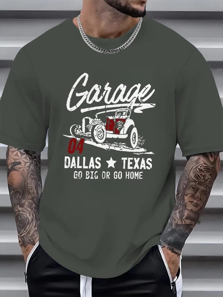 Casual Summer TshirtGarage Pattern with 100 Cotton Print of Classic Cars Round Neck and Shortsleeved Tshirt