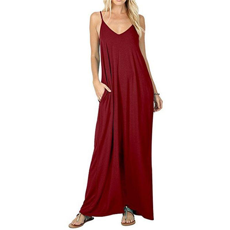 Women's Solid Color Loose Pocket Long Skirt Pure Color Loose Pockets Long Dress