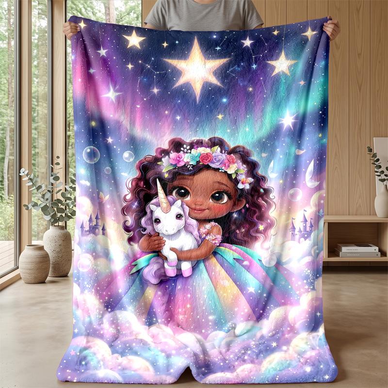 Fantasy Unicorn Stickers Theme Blanket Lightweight Warm Flannel Blanket Decorative Throw Blanket for Home Decoration