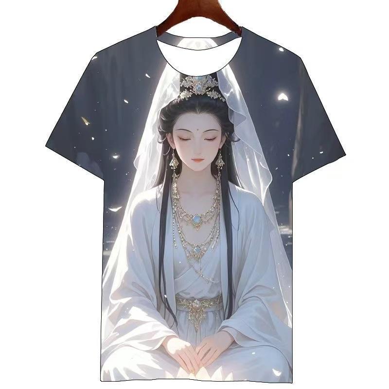 2026 Summer Guanyin Pattern 3D Print T-shirt Crew Neck Short Sleeve Comfortable Comfortable Loose Top Trendy Short Sleeve