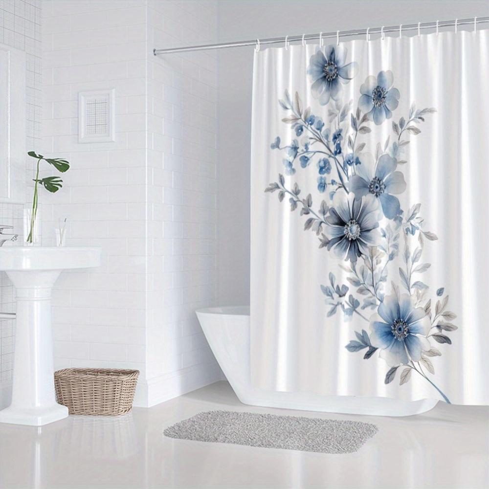1pc Elegant Blue and White Floral Shower Curtain - Delicate Peonies and Star Flowers, Polyester, with Hooks, Machine Washable