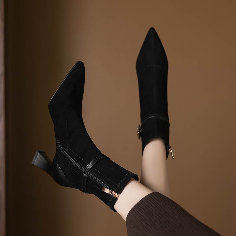 Krazing Pot Flock Pointed Toe Thin High Heels Modern Boots Size 42 Zip Plus Size Crystal Buckle Women Elastic Ankle Boots