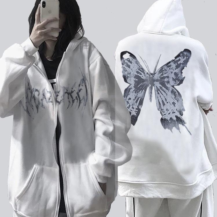 Hooded sweater in stock, zipper sweater autumn and winter European and American butterfly sweater gothic sports hooded jacket
