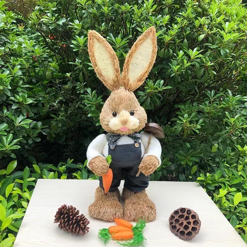 Easter Bunny on Swing Handmade Woven Grass Rabbit Creative Figurine Home Decor Hanging Ornament Forest Theme Gift Souvenir