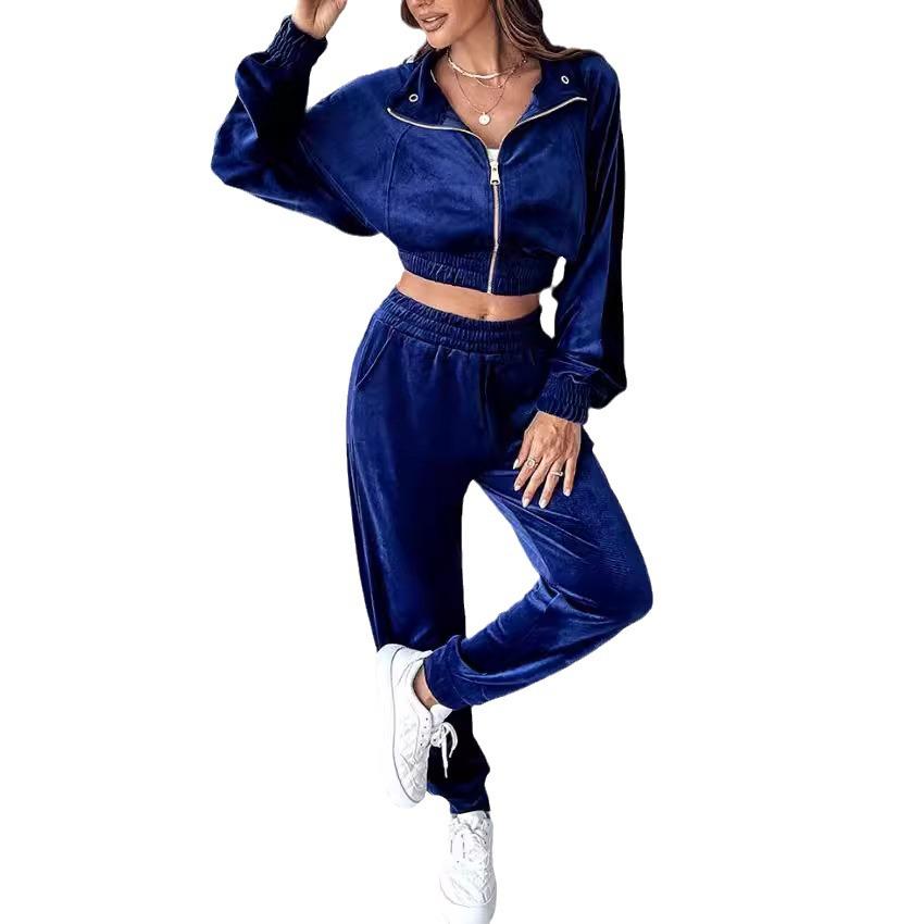 2024 Autumn/Winter Women's Fashion Casual Set: Golden Velvet Long Sleeve Top & Long Pants Two-Piece Set