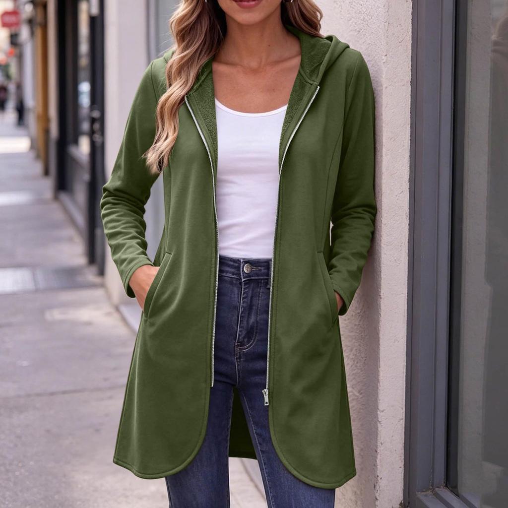 Manteau long à capuche zippé décontracté pour femme avec poches pour un usage quotidien