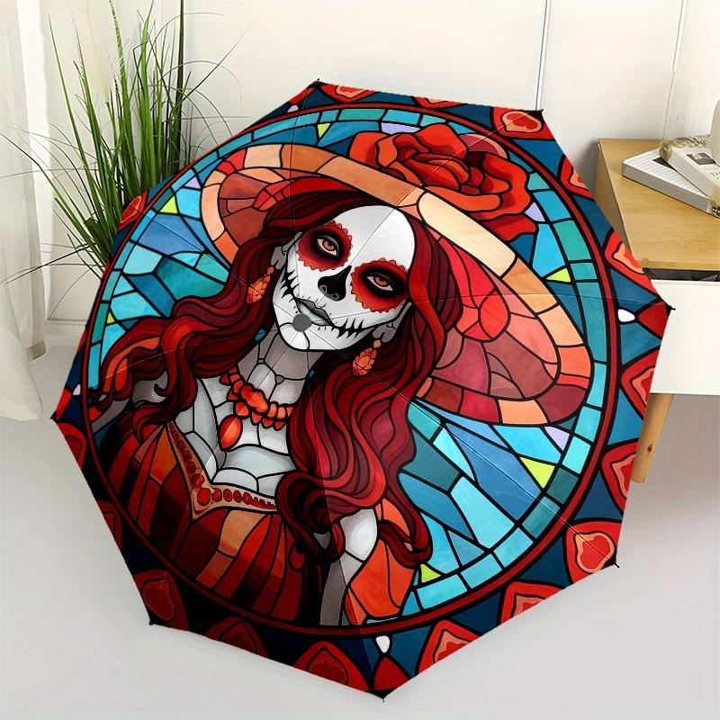 

Mexican Folk Art Sugar Skull Umbrella - La Calavera Catrina Design with Floral Patterns, Automatic Open/Close, 8-Rib Compact 3 (as the picture,Iron&8K)