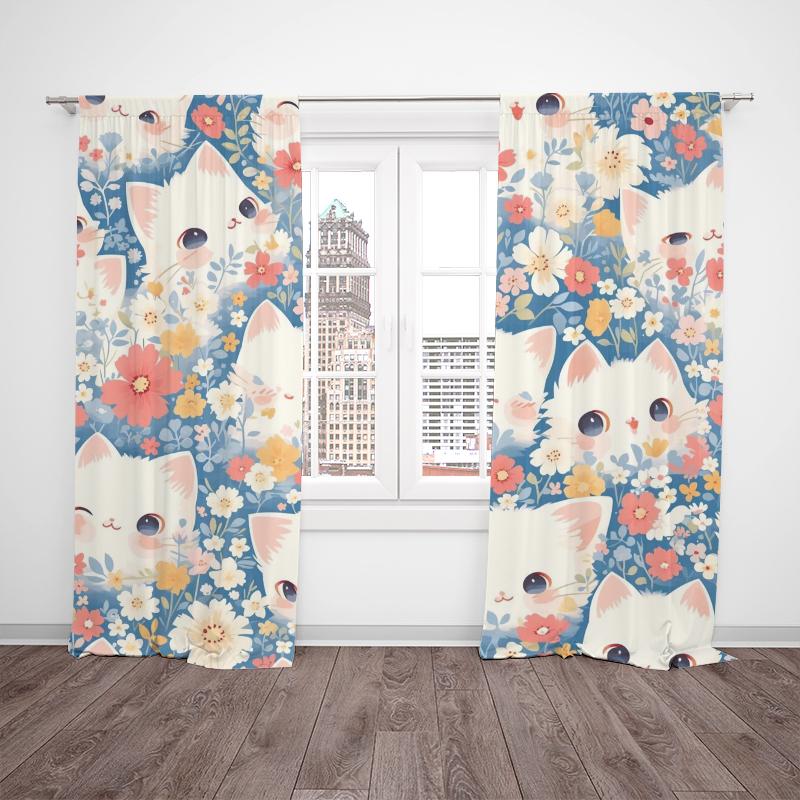 Cartoon Cat -2pcs- Printed Curtain,100% Polyester Material, Suitable for Home Decoration