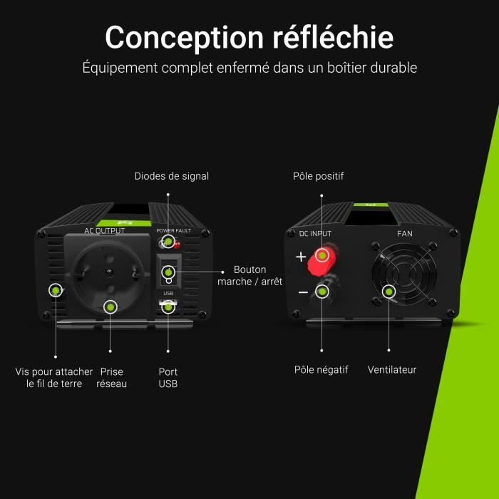 Convertisseur de Tension - Green Cell - 1000W/2000W - Sinus Modifié - DC 12V à AC 230V - Universel