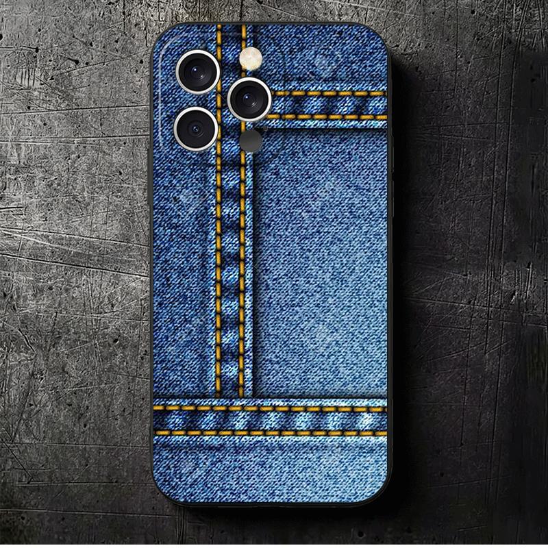 

Retro Denim Pattern Soft Phone Case for iPhone 16 16E 17 Air 15 Pro Max 14 Plus 13 Mini 11 12 7 Black Cover Back Shell iPhone 13