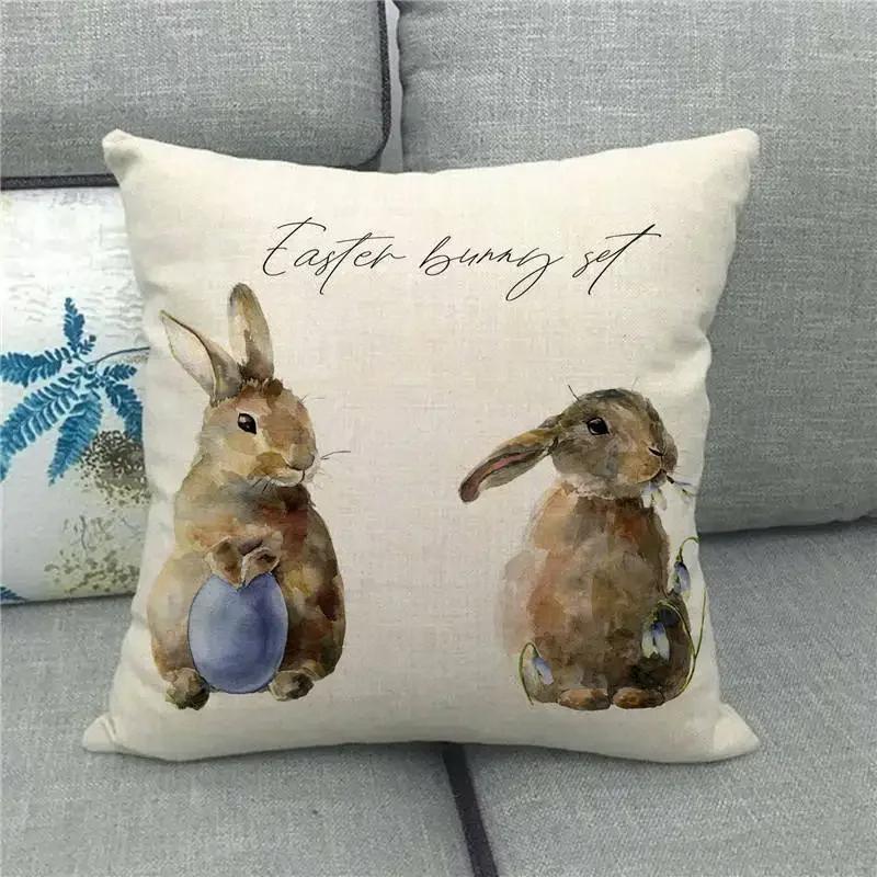 Easter Cushion Cover Cute Bunny Eggs Printed Pillow Covers 18x18 Inches Easter Decorations Hare Rabbit Flower Linen Pillowcase