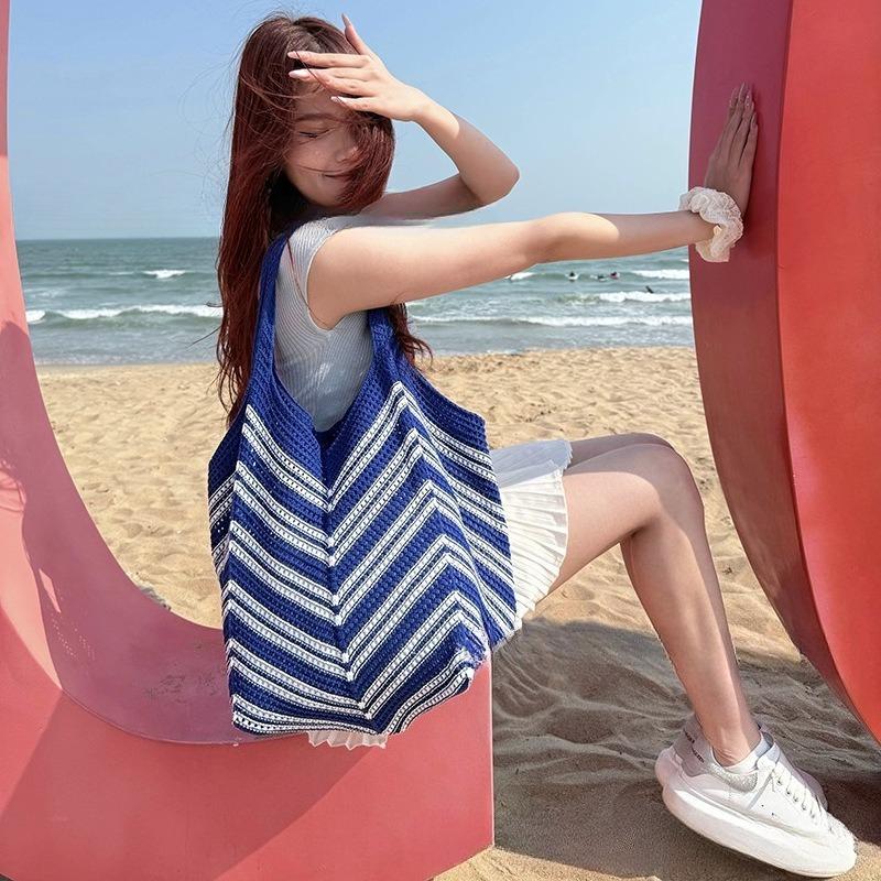 Versatile Knitted Bag for Women, Summer Casual Commuting Patchwork Woven Bag, Beach Vacation Style Beach Bag