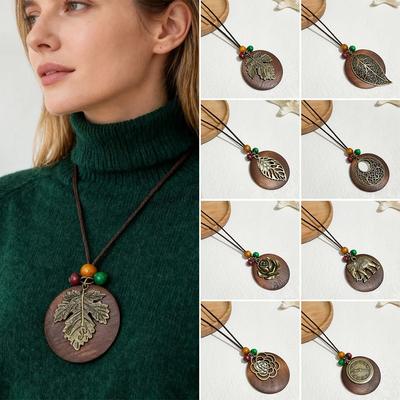 Vintage Boho Sweater Chain Leather Chain Hollow Leaves Clothing Pendant Long Handmade Collar Decoration Ethnic Accessories