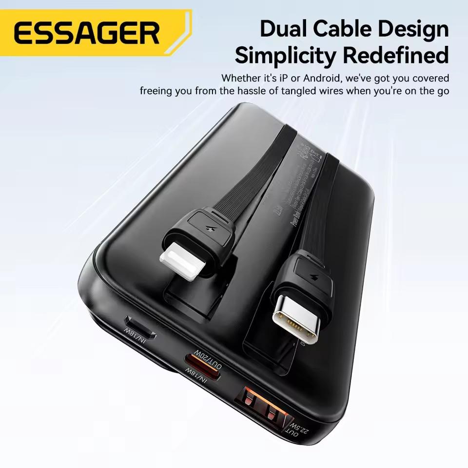 Essager 22.5W 20000mAh PowerBank PD Fast Charger with Two Cables Portable 10000mAh External Battery For iPhone 16 Xiaomi Samsung