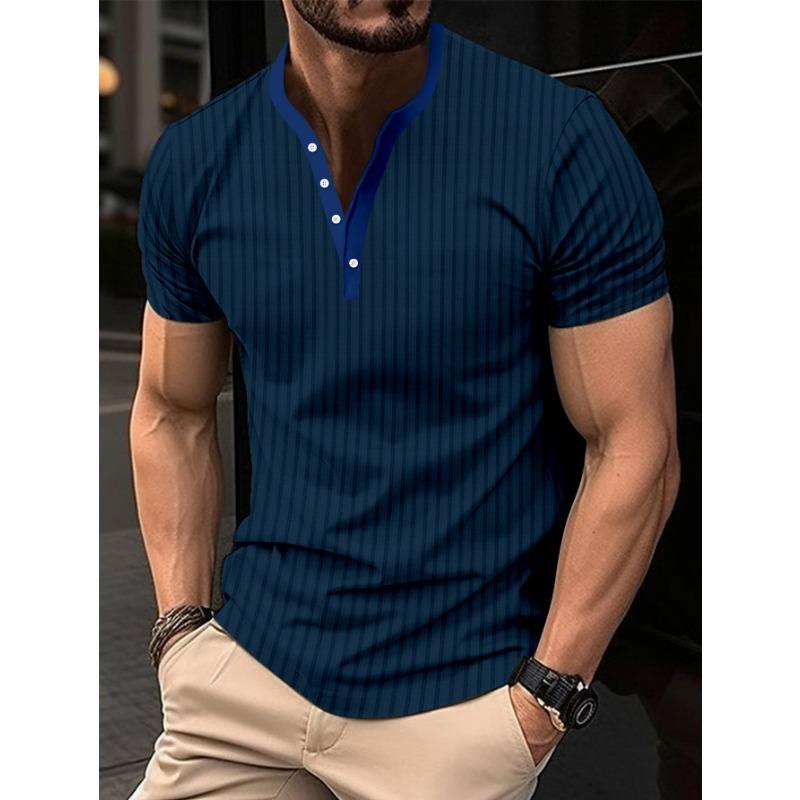 Mens Striped Contrast Collar Half Button Short Sleeve Casual T Shirt