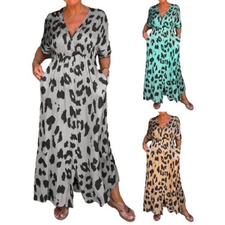 Leopard Print Women Maxi Dress V Neck Single Breasted Contrast Color Pockets Tight Waist Loose Ankle Length Soft Split Hem Lady Dress