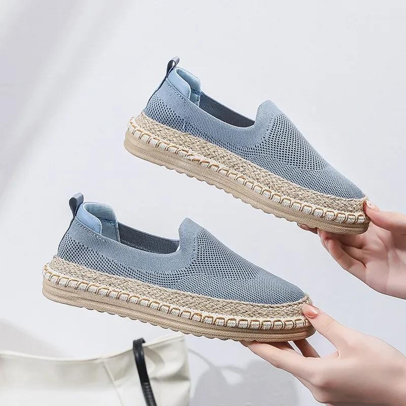 New Espadrilles Women Shoes Linen Flats Fashion Knitted Mesh Fabric Hemp Loafers Slip On Casual Cloth Sneakers Comfortable