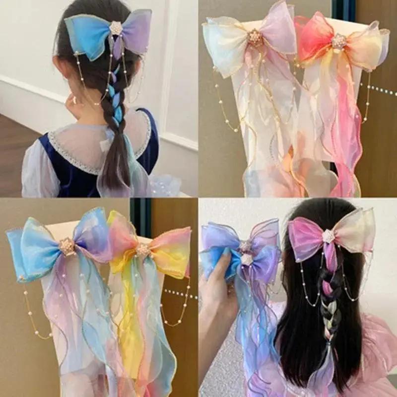 1 Stück Neue Süße Haarspangen für Kinder für Mädchen Mode Haaraccessoires Mädchen Niedliche Perle Bunte Chiffon Schleife Band Haarnadeln