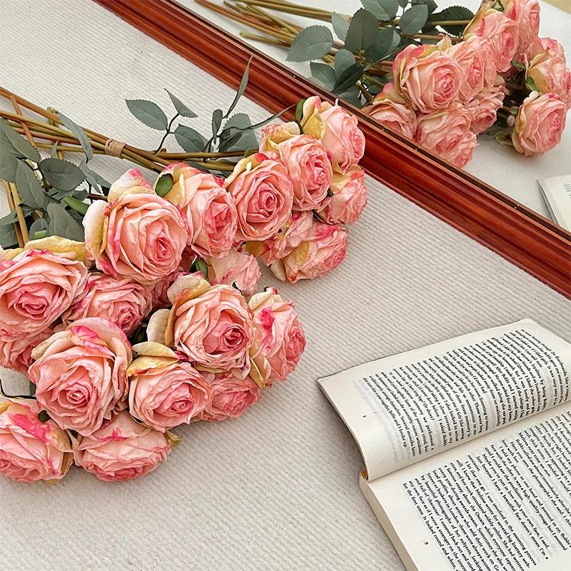 7 Heads Grilled Edge Rose Artificial Flower Retro Rose Bouquet Wedding Home Decoration Pography Props El Decoration