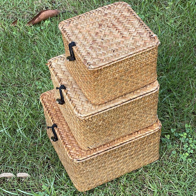 Woven Storage Basket With Lid Rattan Sundries Storage Box Wicker Basket Handmade Sorting Boxes Seagrass Jewelry Organizer