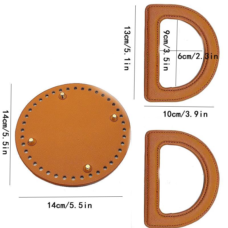 3Pcs/Set Handmade Bag Accessories, Same Color Leather D-Shaped Handle, Leather Bag Bottom, Yarn Weaving DIY Materials