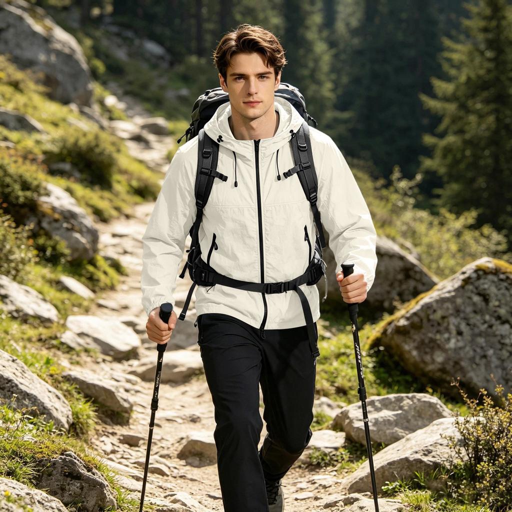 Men's Lightweight Hooded Sun Protection Jacket UV Resistant Outdoor Windbreaker with Zipper Pockets and Adjustable Drawstrings for Travel