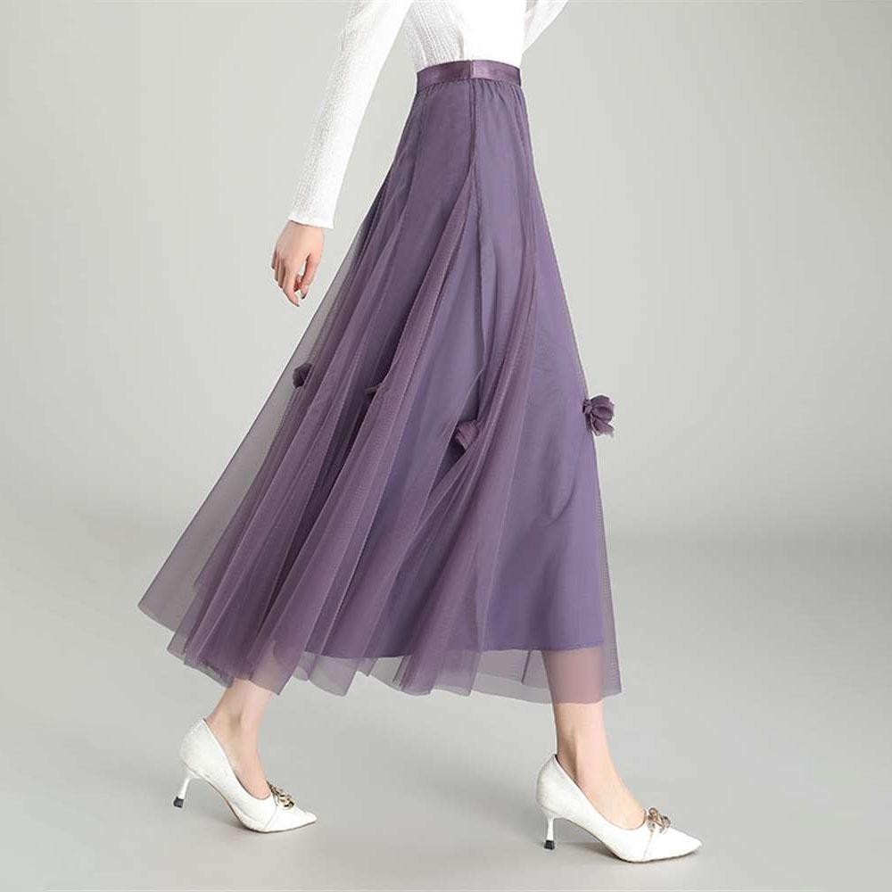 Spring/Summer High-Waist Korean Style Mesh Midi Skirt for Women - Elegant Drape Full Flared A-Line Tulle Half Skirt