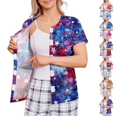 Women's Post Surgery Short Sleeve Shirt Four Pocket Button Down Shirt Independence Day Stars Print Casual Lightweight Top