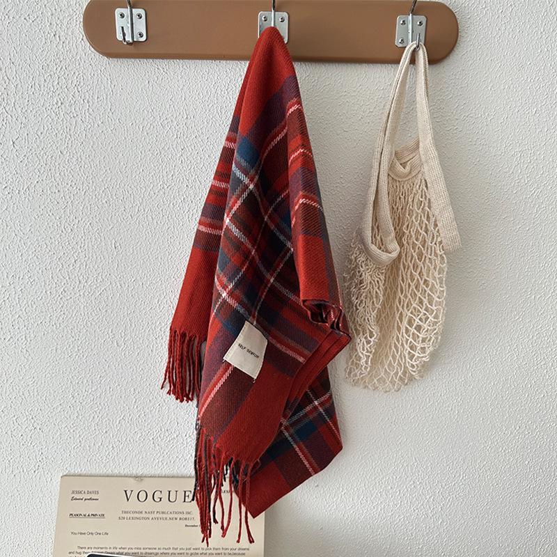 Women's Christmas Scarf Red and Blue Plaid Shawl Student Color Blocked Plaid Scarf