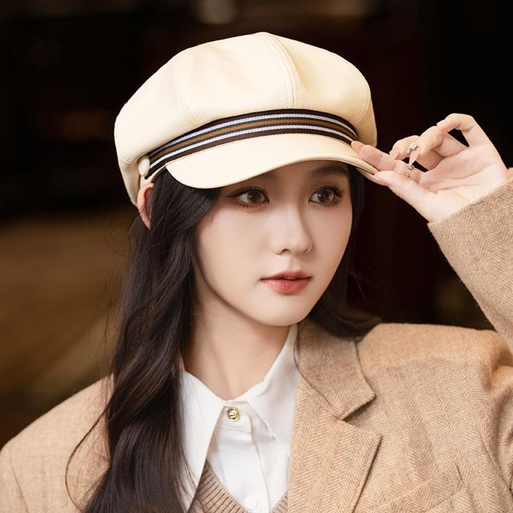 Windproof Octagonal Hat Warm Painter Hat Personality Pu Leather Beret  Autumn