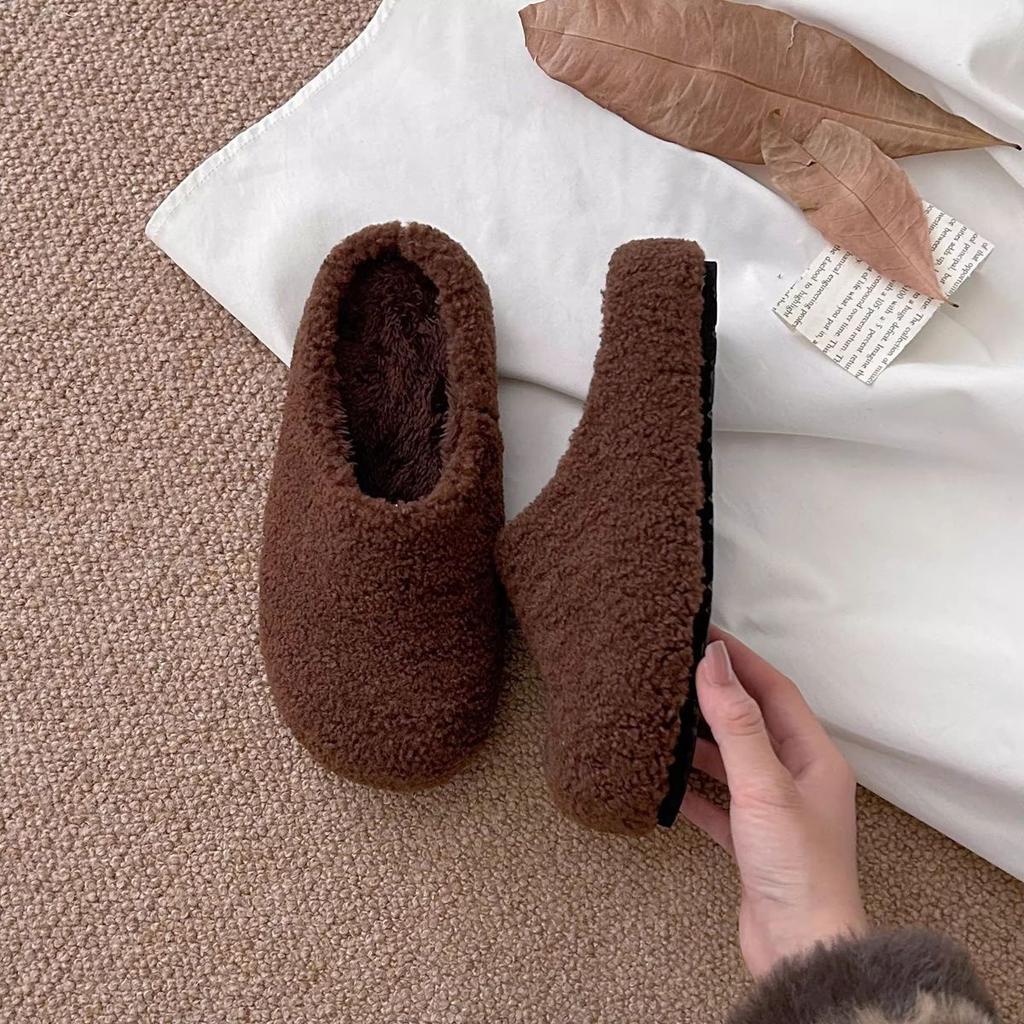 Baotou hairy half slippers women's wear autumn and winter 2025 new one-pedal lamb wool cotton slippers flat bottom