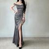 One-word shoulder blue sequined evening dress dress women's split fork harpoon tail long dress temperament banquet host long dress