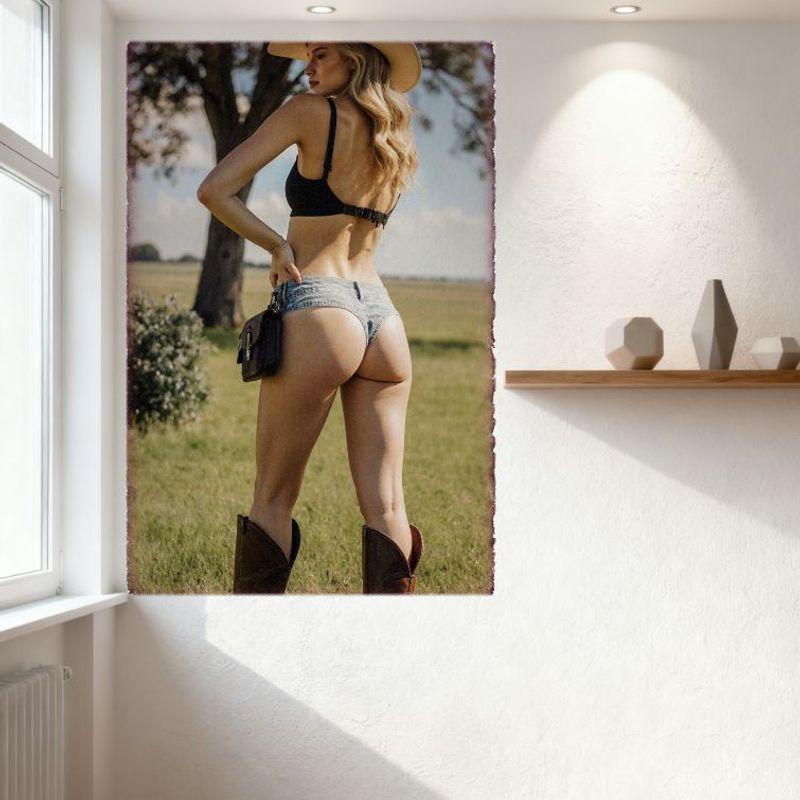 Signe en Étain Vintage - Cowgirl Blonde Sexy dans un Champ Western - Affiche Métallique Rustique d'Extérieur pour Bar Pub Décor Mural de Maison
