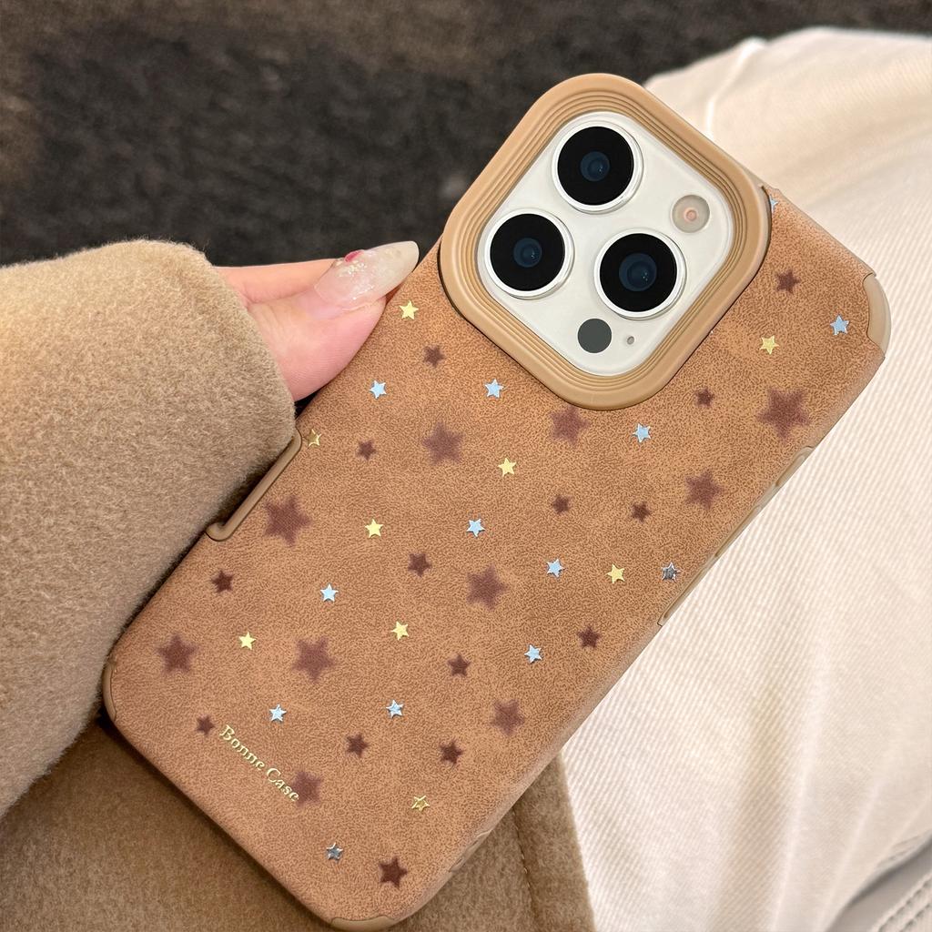 Gilt Stars Are Suitable for Iphone17promax Apple 16 Mobile Phone Case 15 Autumn and Winter Retro Brown 13 Leather 11 Soft Shell