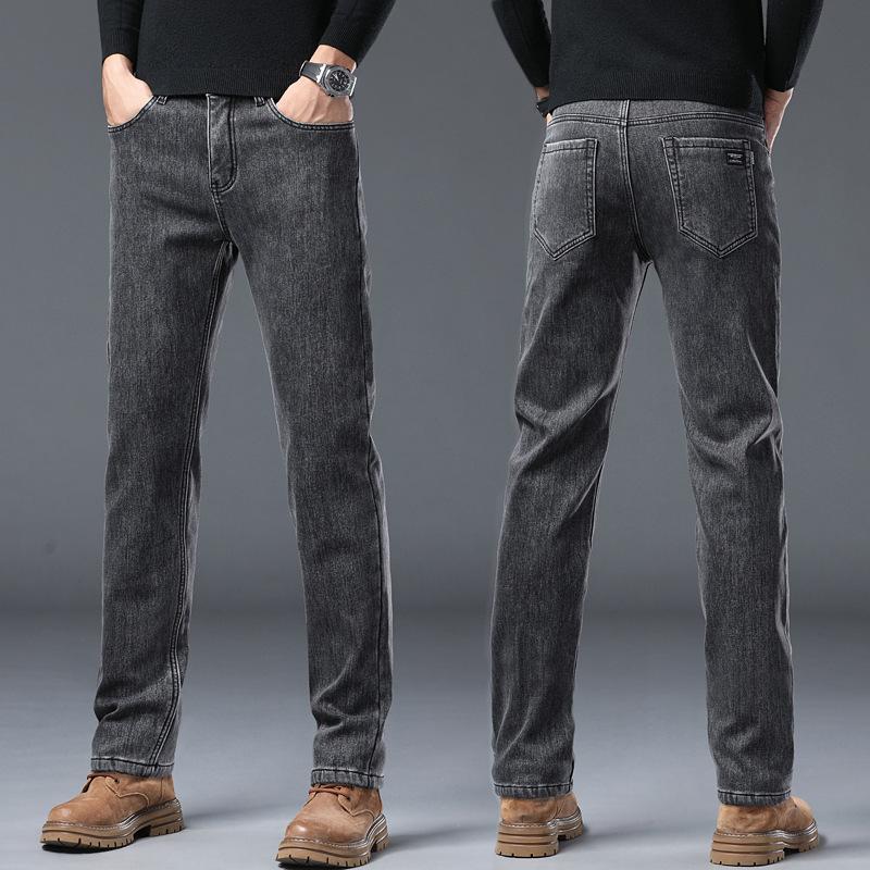 Men's Winter Stretch Padded Jeans Men Thickened Loose Straight Warm with Flannel Trousers Autumn and Winter Trousers