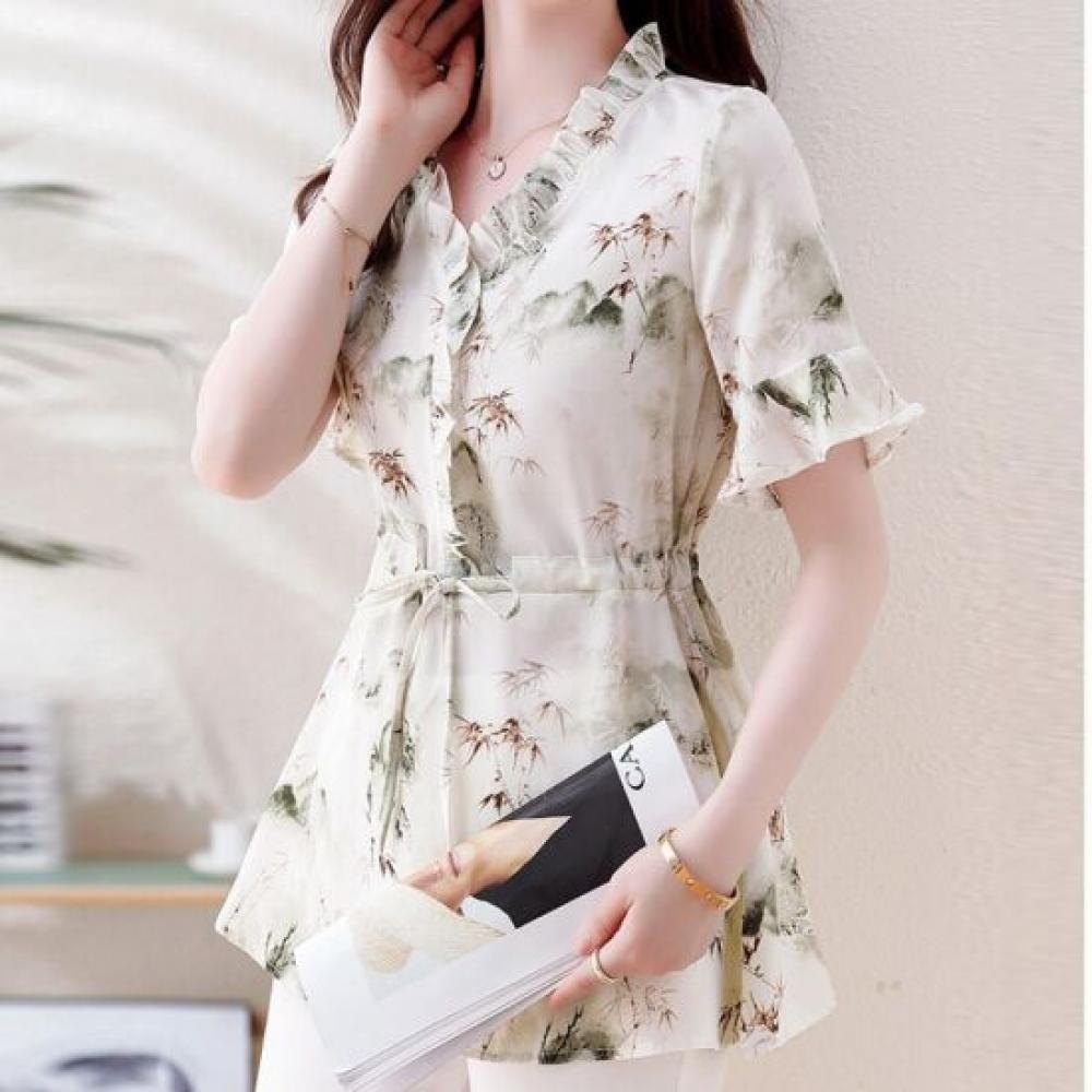 Navava Women Lovely Printing Frill Waist String Short Sleeve Blouse Nb3170