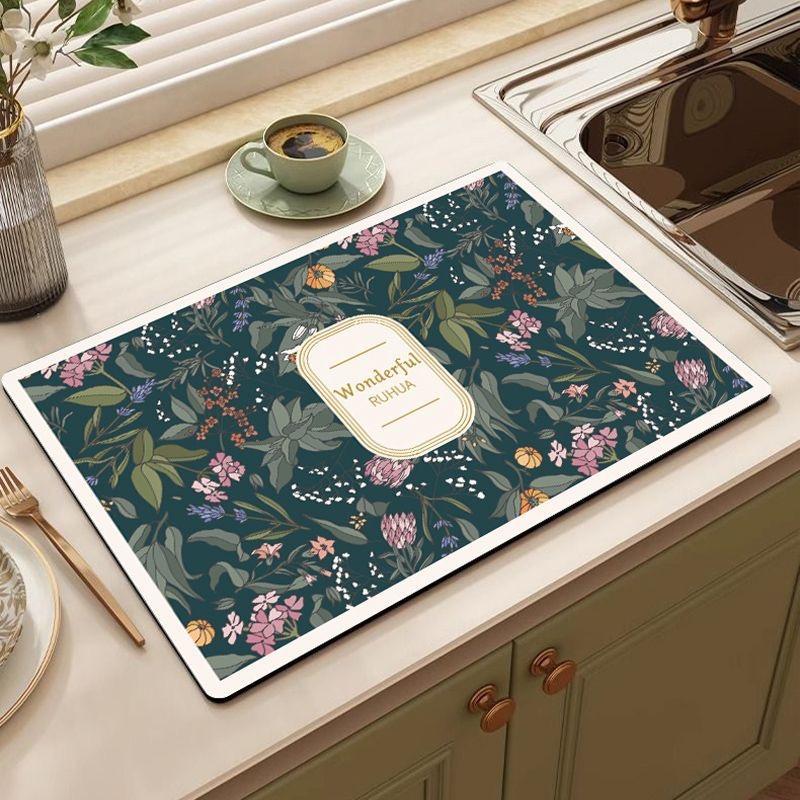 30*40cm Vintage Flora Printed Mud Absorbent Quickly Dry Heat Resistant Non-Slip Tableware Pad Dish Drying Mat Placemat Coffee Mat