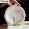 Hand-painted Tulip Flower Mouth Pot Bearing Holder Gaiwan Dessert Serving Trays Dry Soaking Table Tea Tray Coasters Teaset Craft