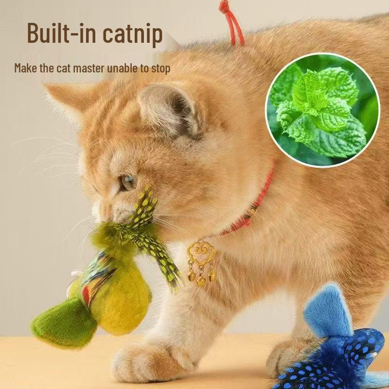 Self-Swinging Cat Toy: Feathered Bird Stick for Bite-Resistant, Interactive Play. Ideal for Kitten Amusement.