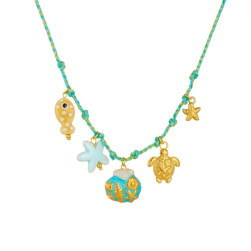 316L Stainless Steel Blue Rope Chain Cute Animals Starfish Tortoise Shell Fossil Design Necklace Women trend Neck Chain