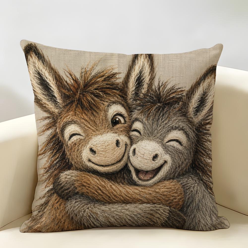 Funny Donkey Couple Cushion Cover Natural Linen Organic Fabric Double-Sided Printing Breathable For Home Decor