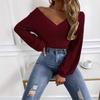 Fall Winter New Women's Solid Ribbed Long Sleeve V Neck T-shirt Casual Top, European American Style Crossborder Foreign Apparel