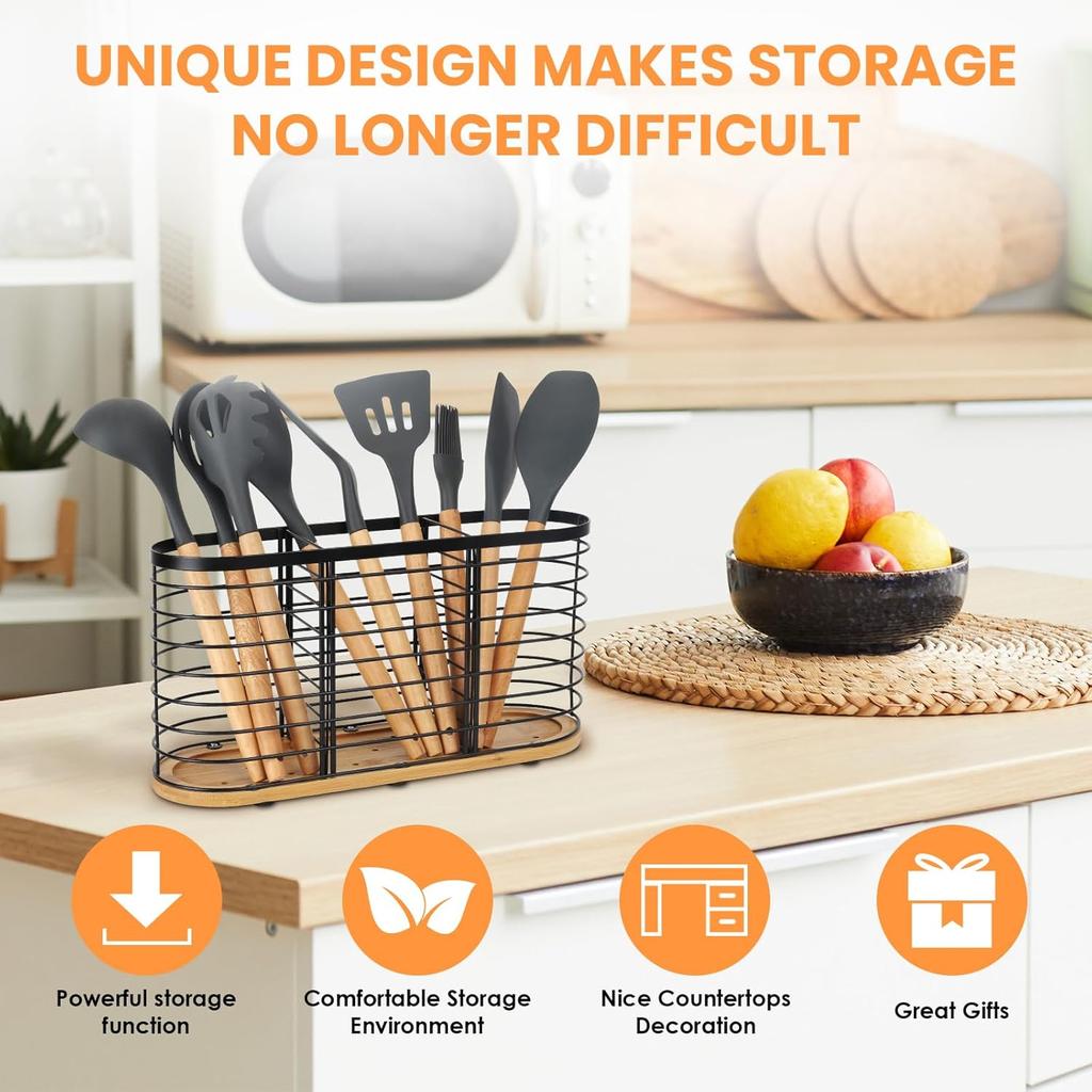 Utensil Holder for Kitchen Counter- Large Utensils Holder Farmhouse Cooking with Wooden Base Matte Black Cooking Utensil Holder