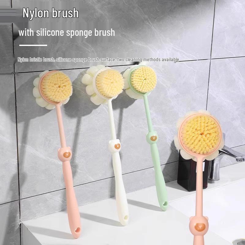 Dual-Purpose Long-Handled Bath Brush & Scrubber with Soft Bristles and Bath Ball Towel