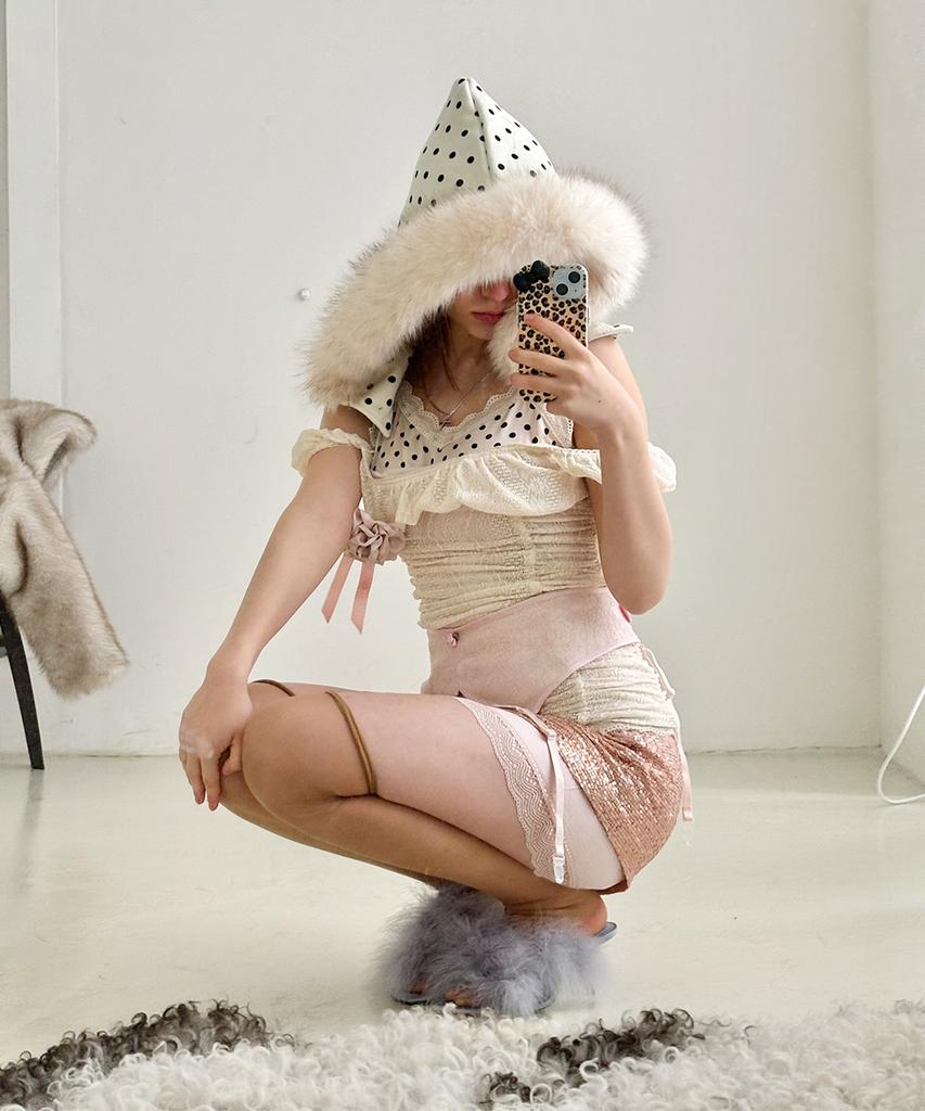 HETIT Fur Trim Balaclava (Dot Ivory)